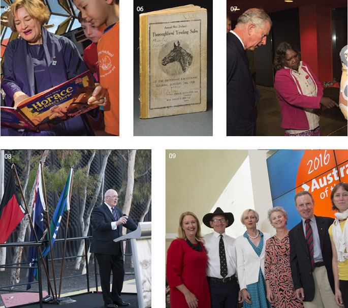 Five images (clockwise from top left): a woman reads to two boys; front cover of 'Thoroughbred Yearling Sales' book; a woman shows a man a sculptural artwork; six people stand in front of an electronic '2016 Australian of the Year' sign; a man at a lectern in front of three flags.