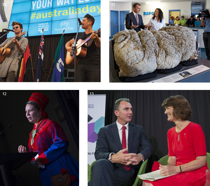 Four images (clockwise from top left): two men with guitars, performing on a stage; a man and woman stand in front of a large sheep's fleece; a man and woman in discussion in front of an 'RN' banner; a speaker at the Encounters conference.