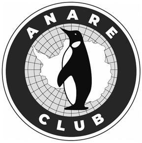 ANARE Club logo shows an image of a penguin against a map of Antartica surrounded by a block circle