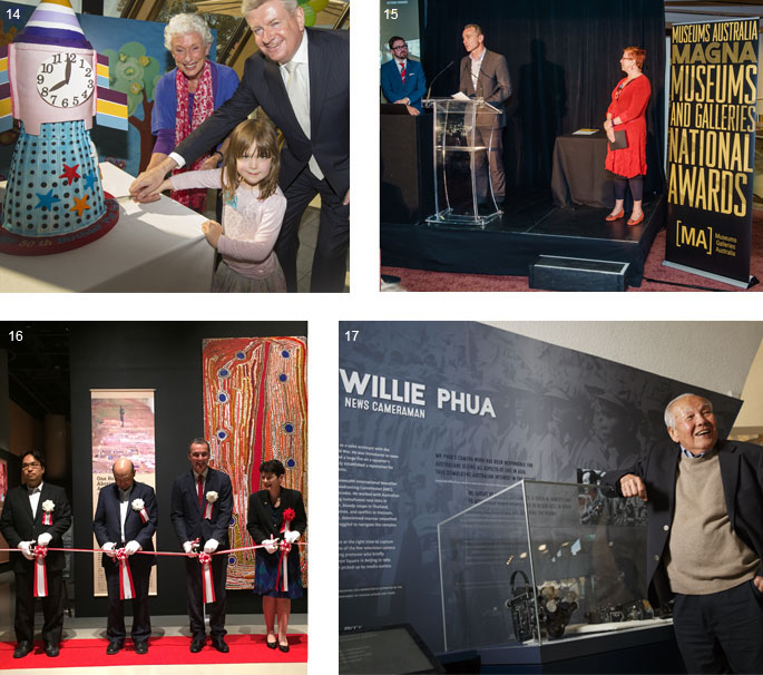 Four images (clockwise from top left): two adults and a child cutting a cake shaped like a rocket; a group of three people on stage in front of a banner that reads 'Museums Australia MAGNA'; a man leans on a display case containing cameras in front of a panel which reads 'Willie Phua'; four people stand poised to cut a ribbon, in front of a large Aboriginal artwork.