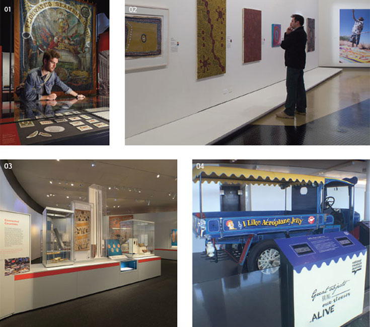 Four images (clockwise from top left): a man viewing objects in a museum exhibition; a man standing in front of an Indigenous artwork; side view of a truck painted with the slogan 'I Like Aeroplane Jelly'; Indigenous artworks and objects on show in display cases.