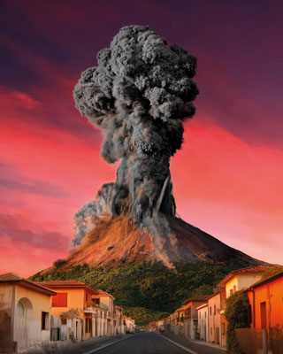 Graphic showing a smoke plume from a volcano in the distance, with a street lined with buildings  below. 