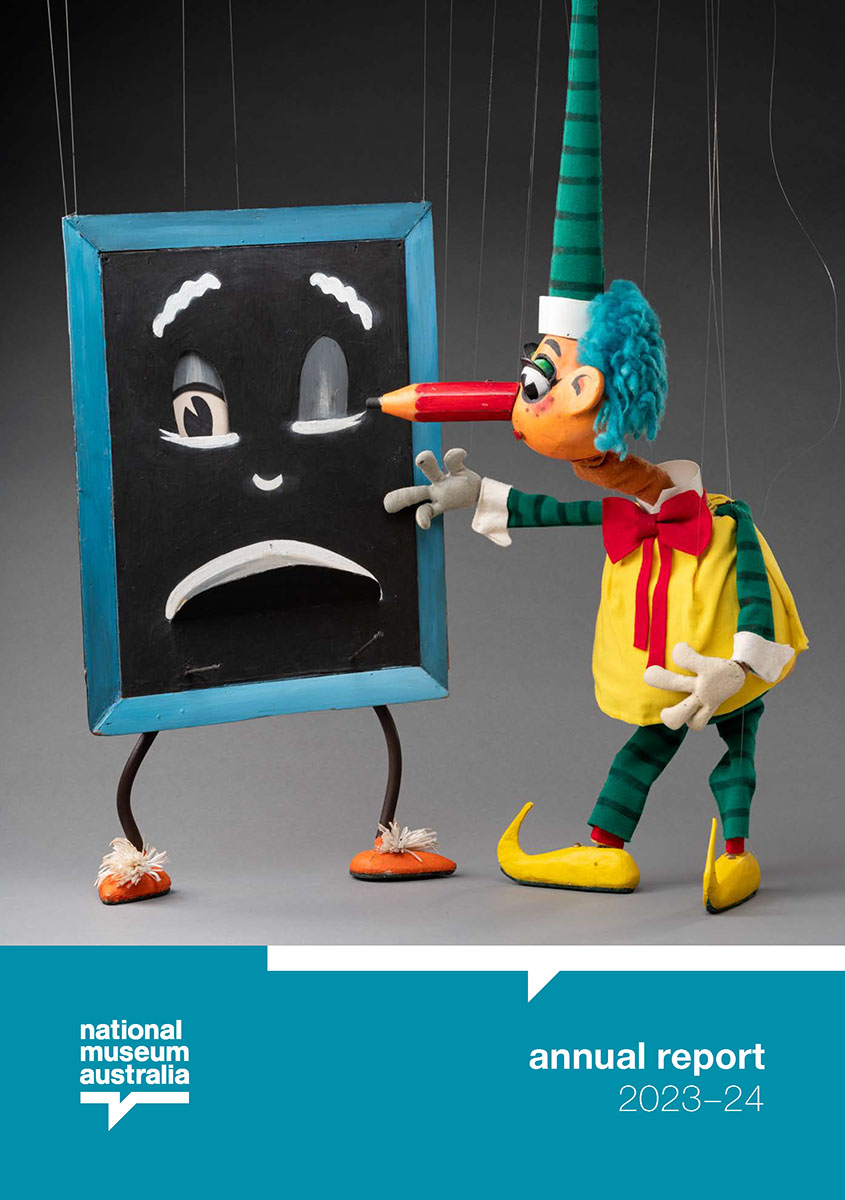 Cover of the National Museum of Australia 2023 to 2024 Annual Report. The cover features the puppet characters of Mr Squiggle and Blackboard.