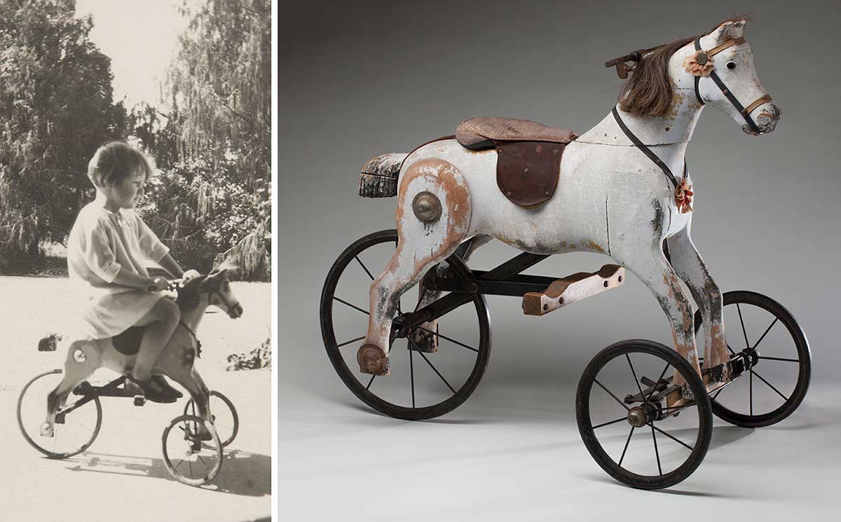 A 1920s horse tricycle and a photograph from 1926 of Susan Gibson riding it as a child.