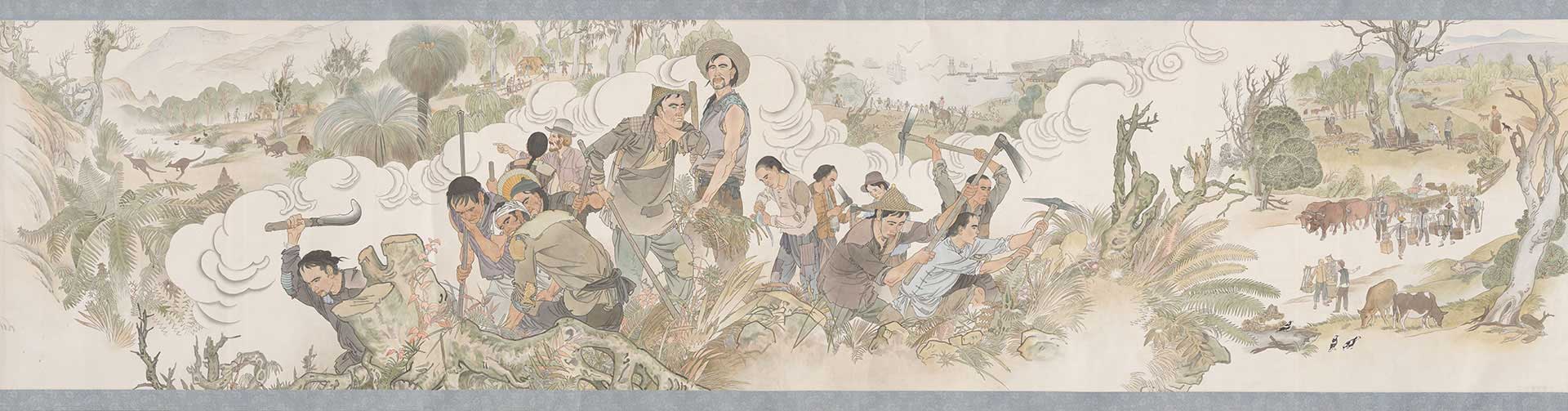 Stitched panels of the Harvest of Endurance scroll featuring ‘Before the gold rush’ and ‘Chinese workers’.