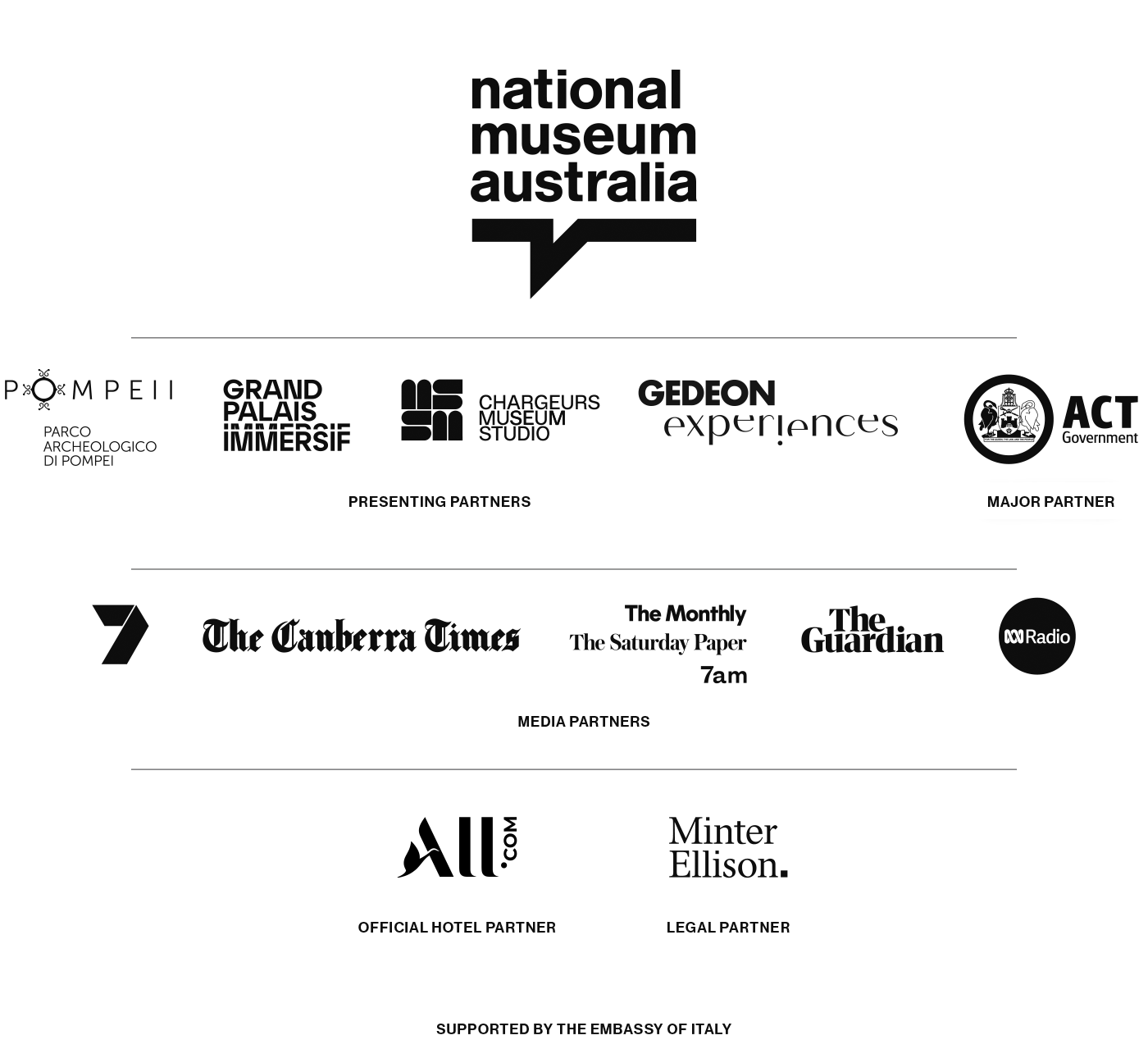 Logos: National Museum of Australia, Pompeii Parco Archeologico Di Pompei, Grand Palais Immersif, Chargeurs Museum Studio, GEDEON Experiences, ACT Government, Channel 7, The Canberra Times, The Monthly, The Saturday Paper, 7am, The Guardian, ABC Radio, Accor, and Minter Ellison.