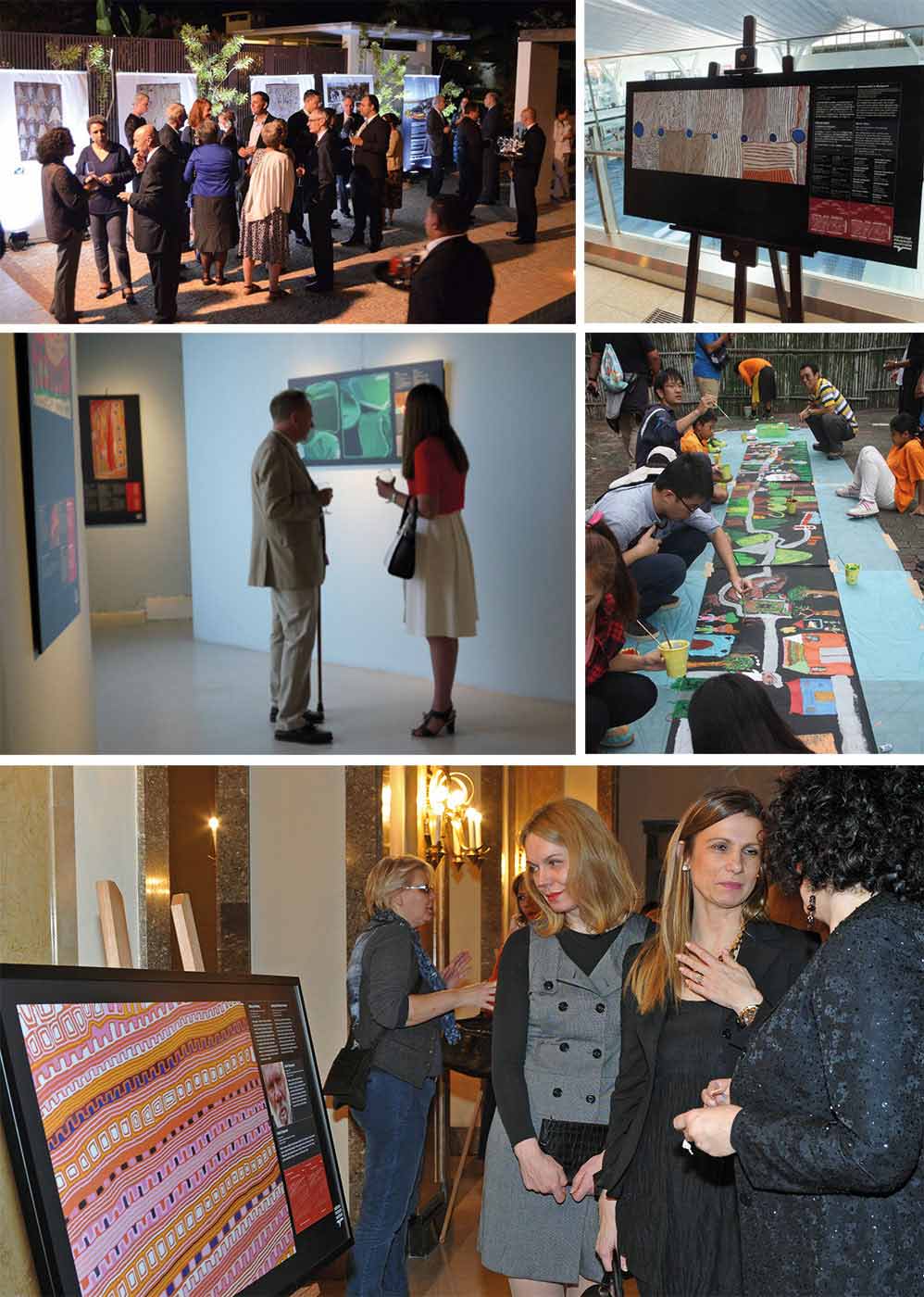 Group of four images showing  people looking at Indigenous artworks and a fifth image of people taking part in a group art project.