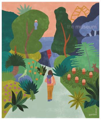 Colourful image of a girl walking through a vibrant garden. Illustration by Cass Urquhart 2024