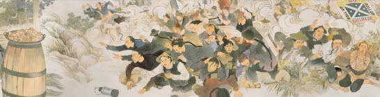 Watercolour image of with a barrel on the left and Chinese miners in the centre, depicting violence against the miners.